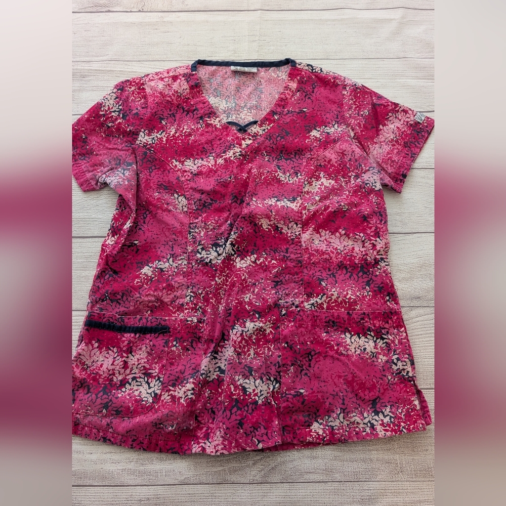 Uniform Advantage colorful pink and navy scrub top. Size small.